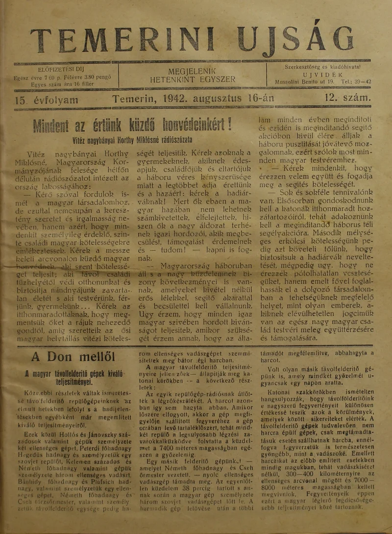 Temerini Újság 1928-1944, 15. évf. 1942. augusztus 16. 12. sz.
