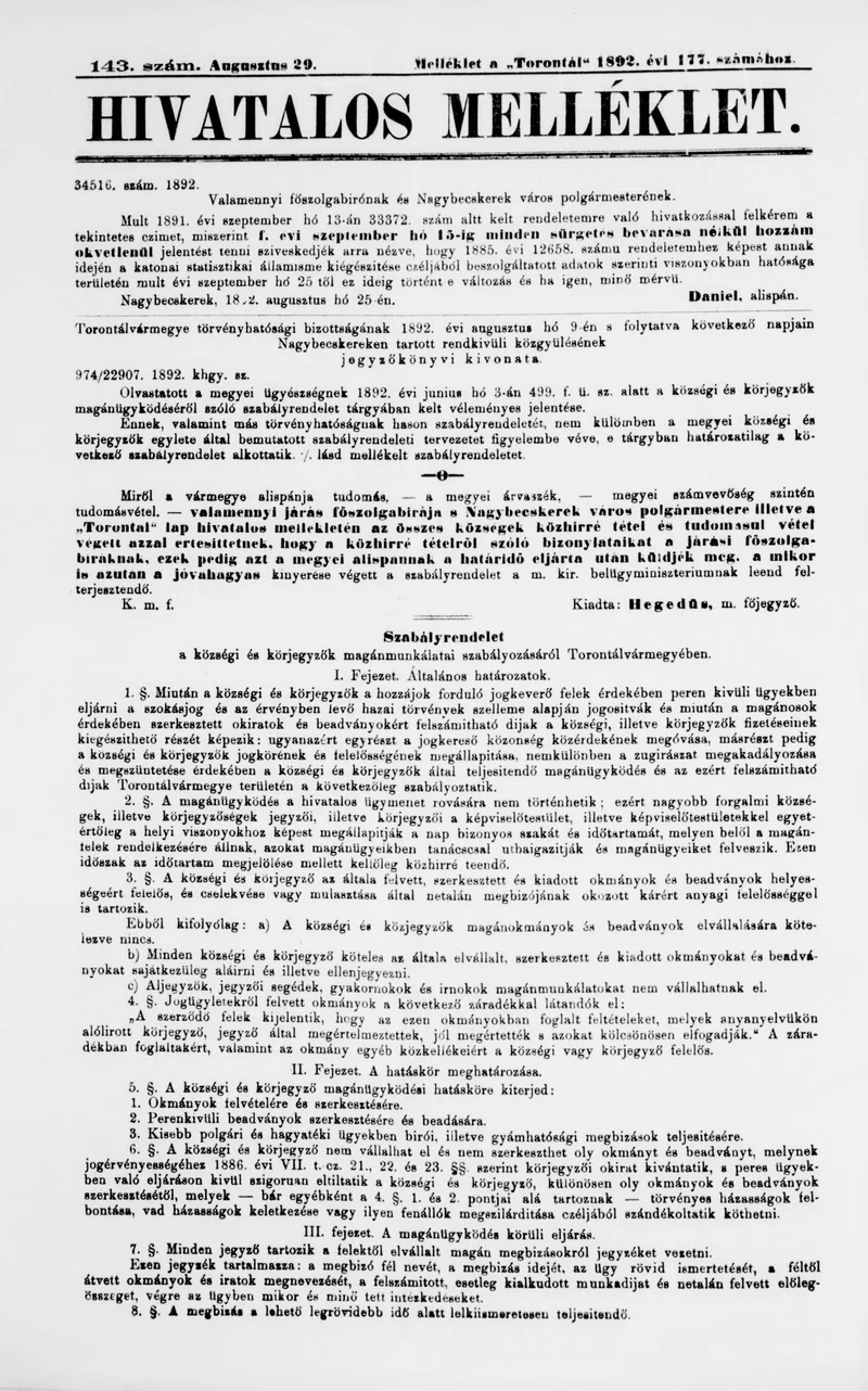 A Totontál  hivatalos melléklete, 5. évf. 1892. augusztus 29. 143. sz.