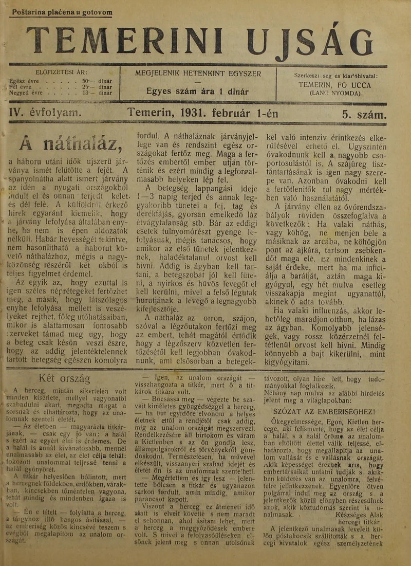 Temerini Újság 1928-1944, 4. évf. 1931. február 1. 5. sz.