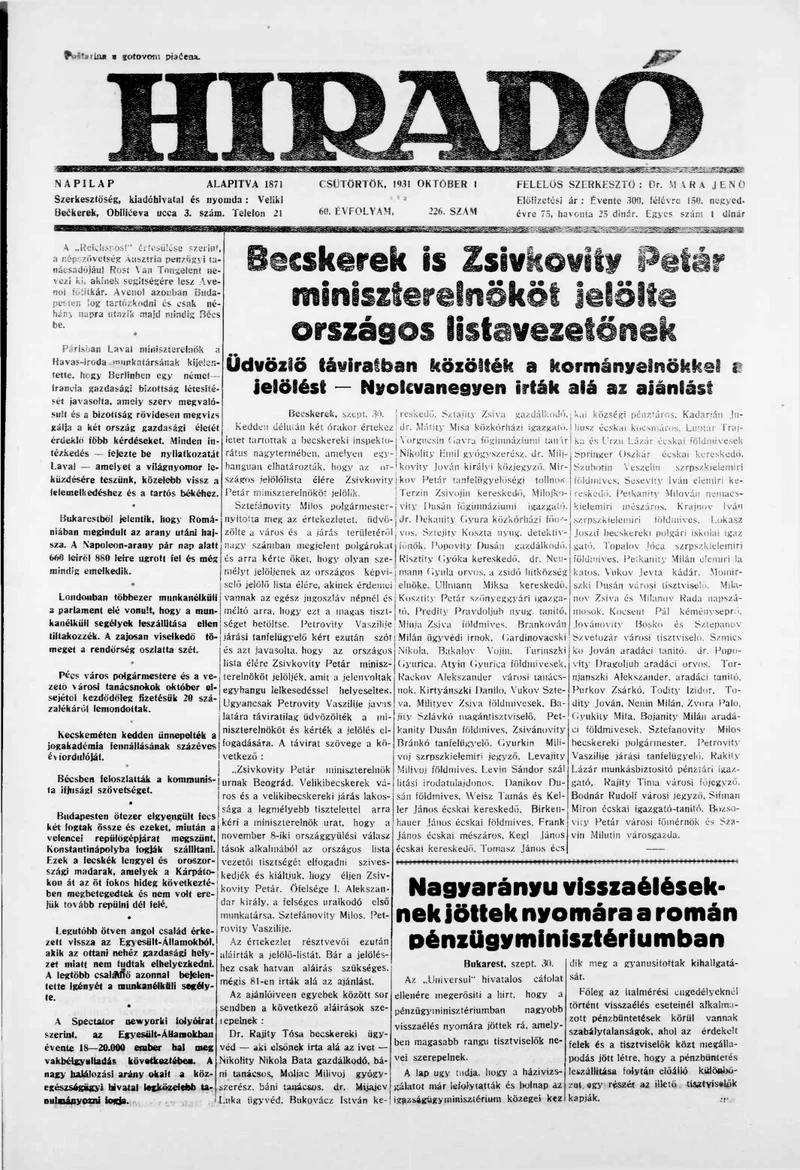 Híradó, 60. évf. 1931. október 1. 226. sz.