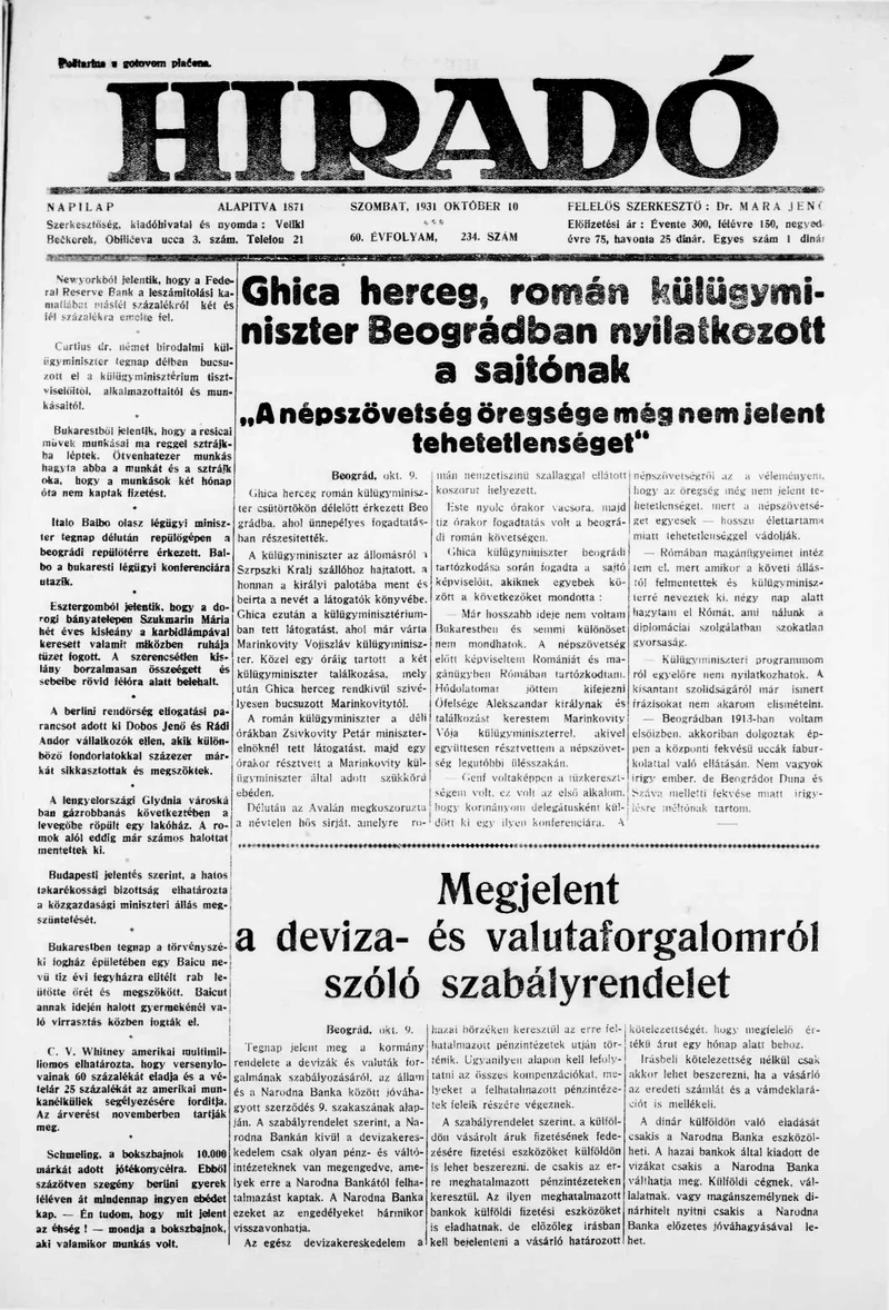 Híradó, 60. évf. 1931. október 10. 234. sz.