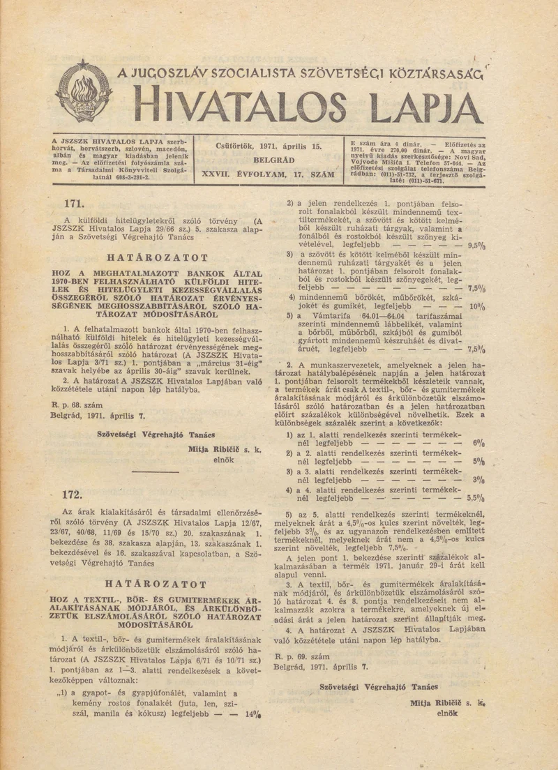 A Jugoszláv Szocialista Szövetségi Köztársaság Hivatalos Lapja, 27. évf. 1971. április 15. 17. sz. 313–316. oldal