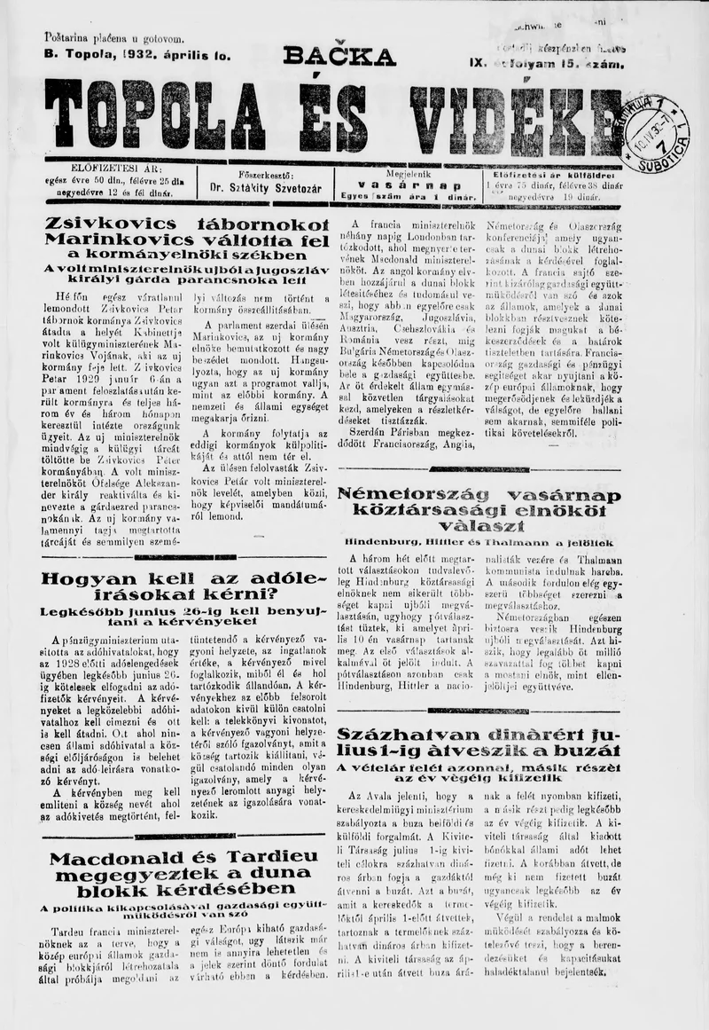 Bačka Topola és Vidéke, 9. évf. 1932. április 10. 15. sz.