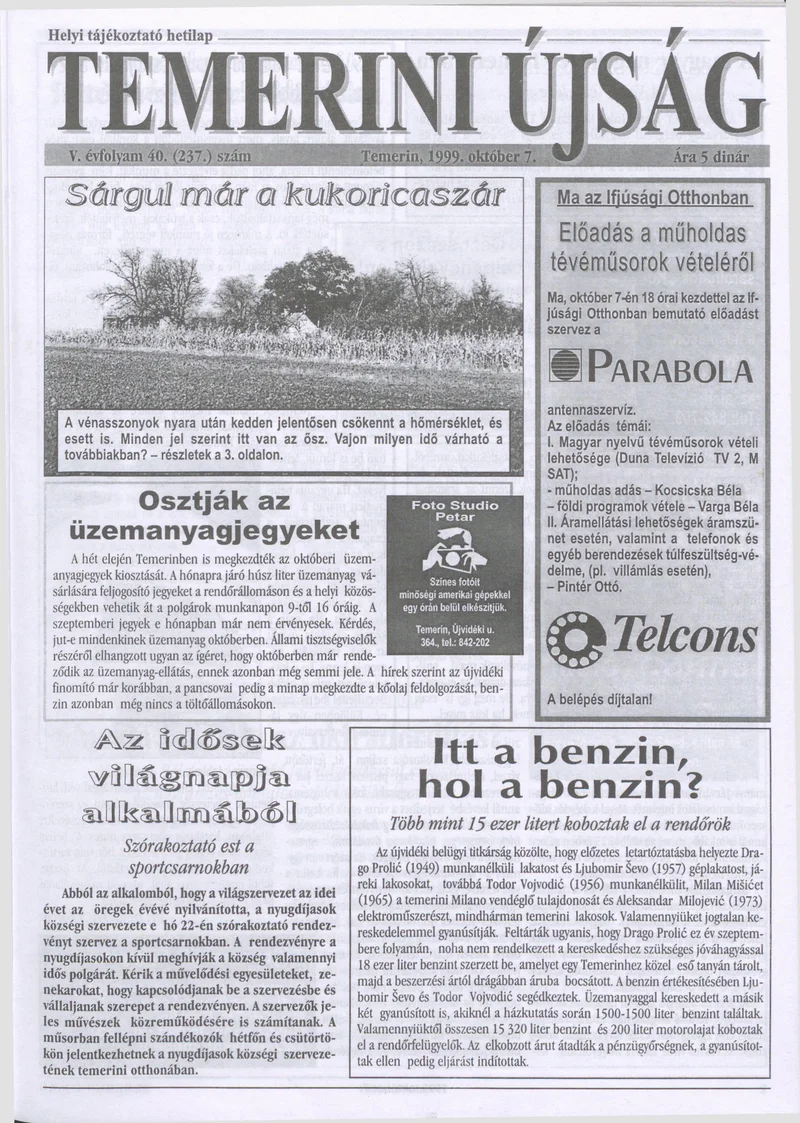 Temerini Újság, 5. évf. 1999. október 7. 40. sz.