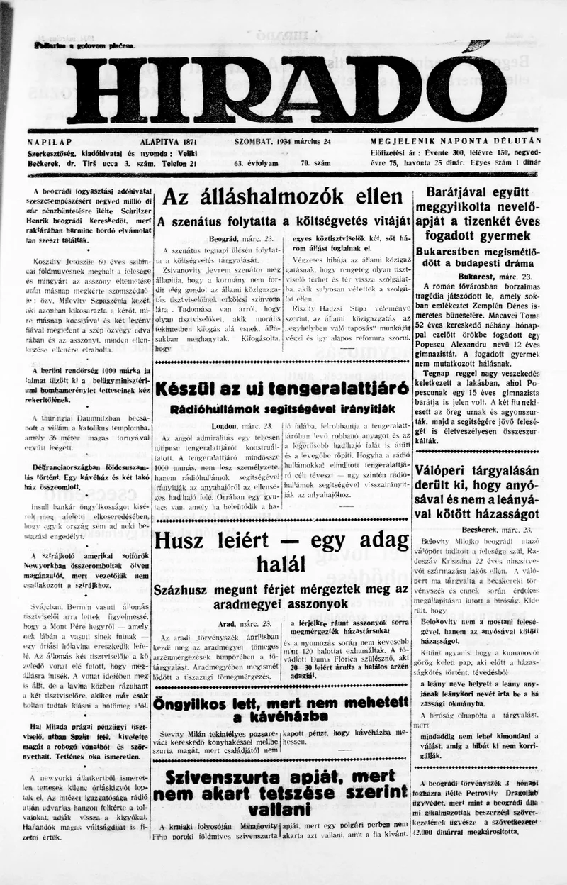 Híradó, 63. évf. 1934. március 24. 70. sz.