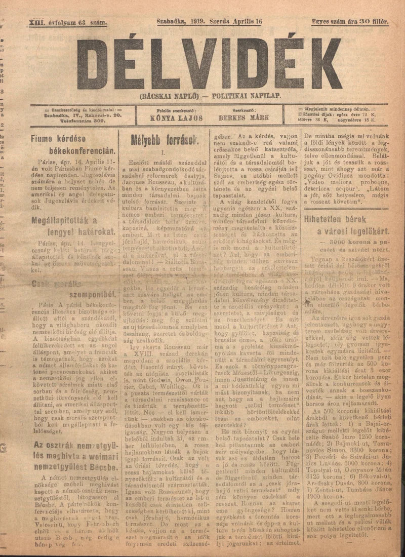 Délvidék, 13. évf. 1919. április 16. 63. sz.