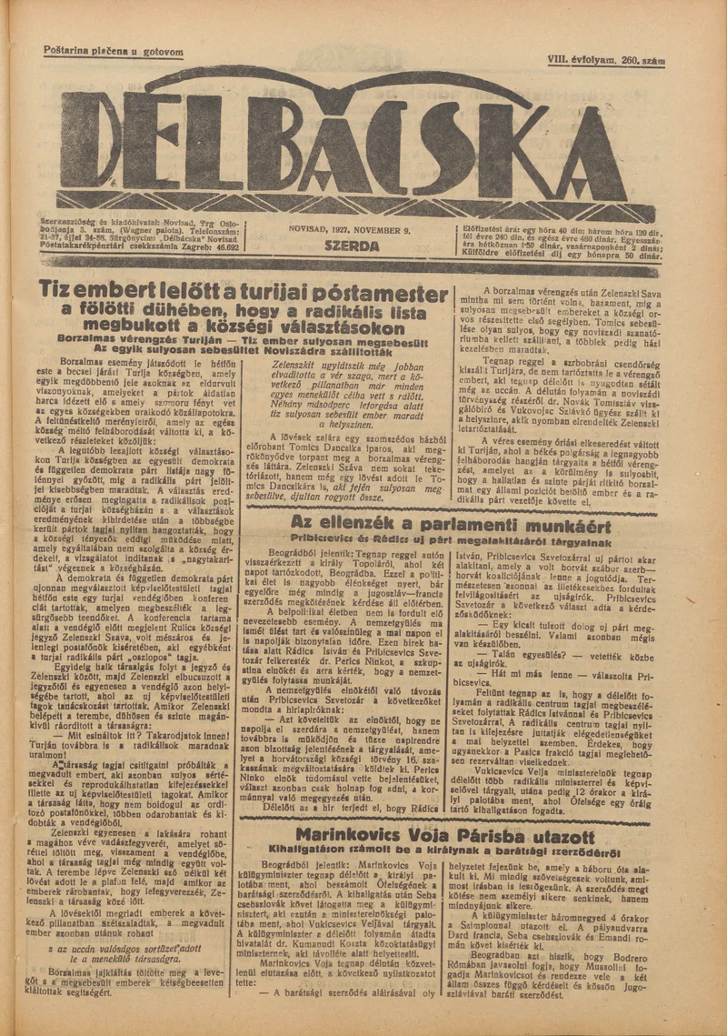 Délbácska, 8. évf. 1927. november 9. 260. sz.
