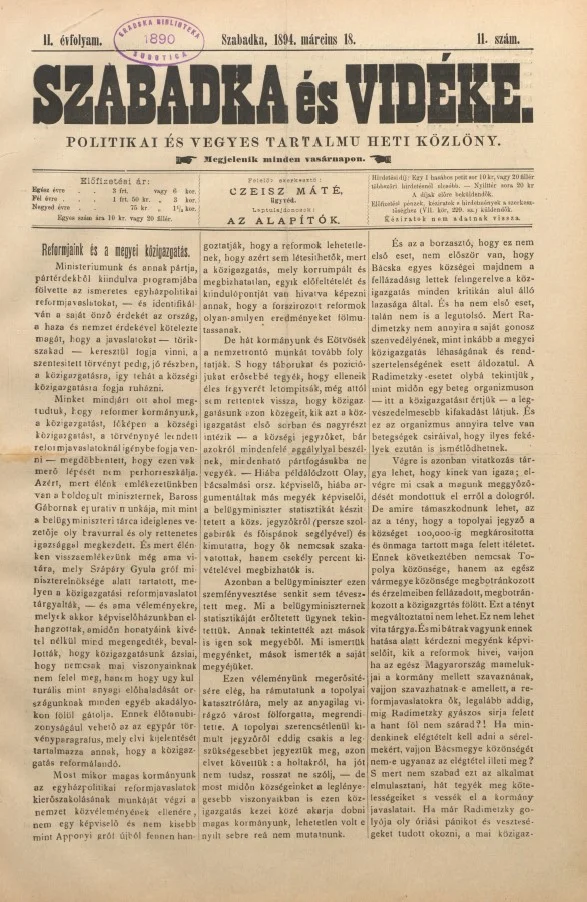 Szabadka és vidéke II, 2. évf. 1894. március 18. 11. sz.