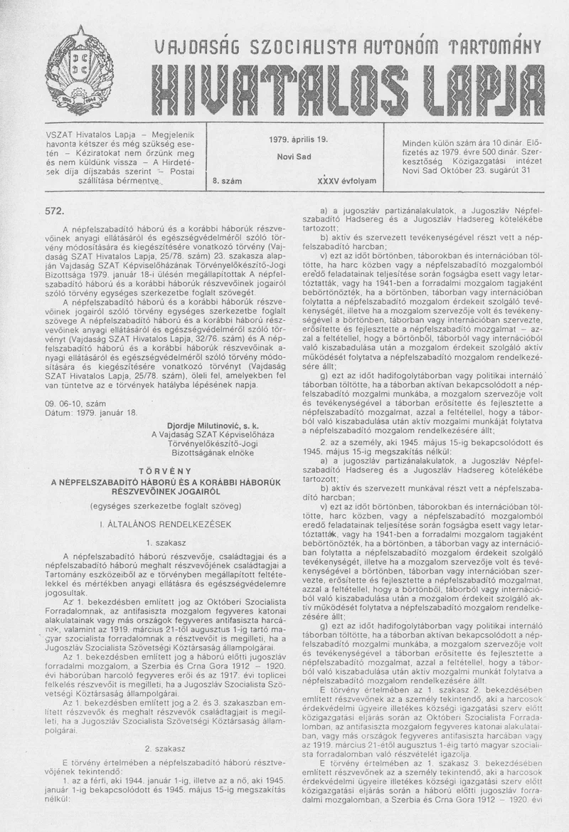 Vajdaság Szocialista Autonóm Tartomány Hivatalos Lapja, 35. évf. 1979. április 19. 8. sz. 601–620. oldal