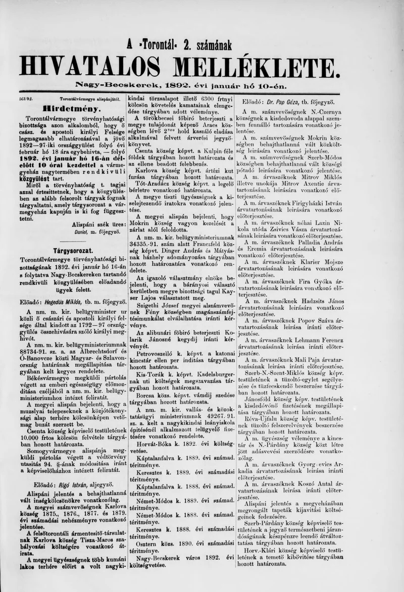 A Totontál  hivatalos melléklete, 5. évf. 1892. január 10. 2. sz.