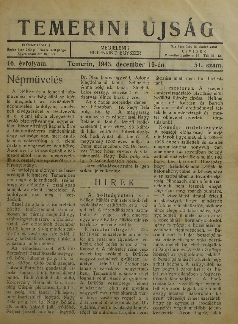 Temerini Újság 1928-1944, 16. évf. 1943. december 19. 51. sz.