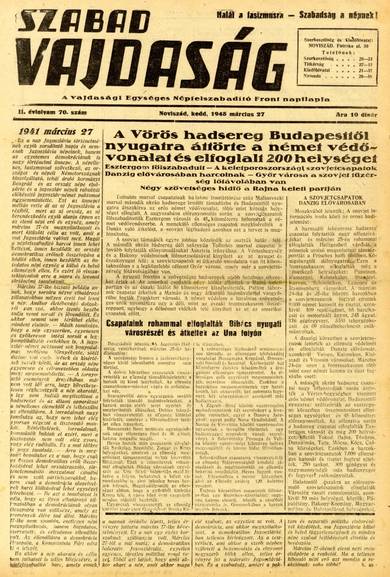 Szabad Vajdaság, 2. évf. 1945. március 27. 70. sz.