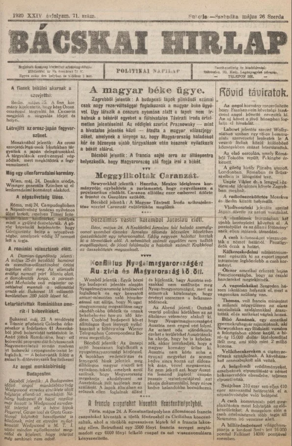 Bácskai Hirlap, 24. évf. 1920. május 26. 71. sz.