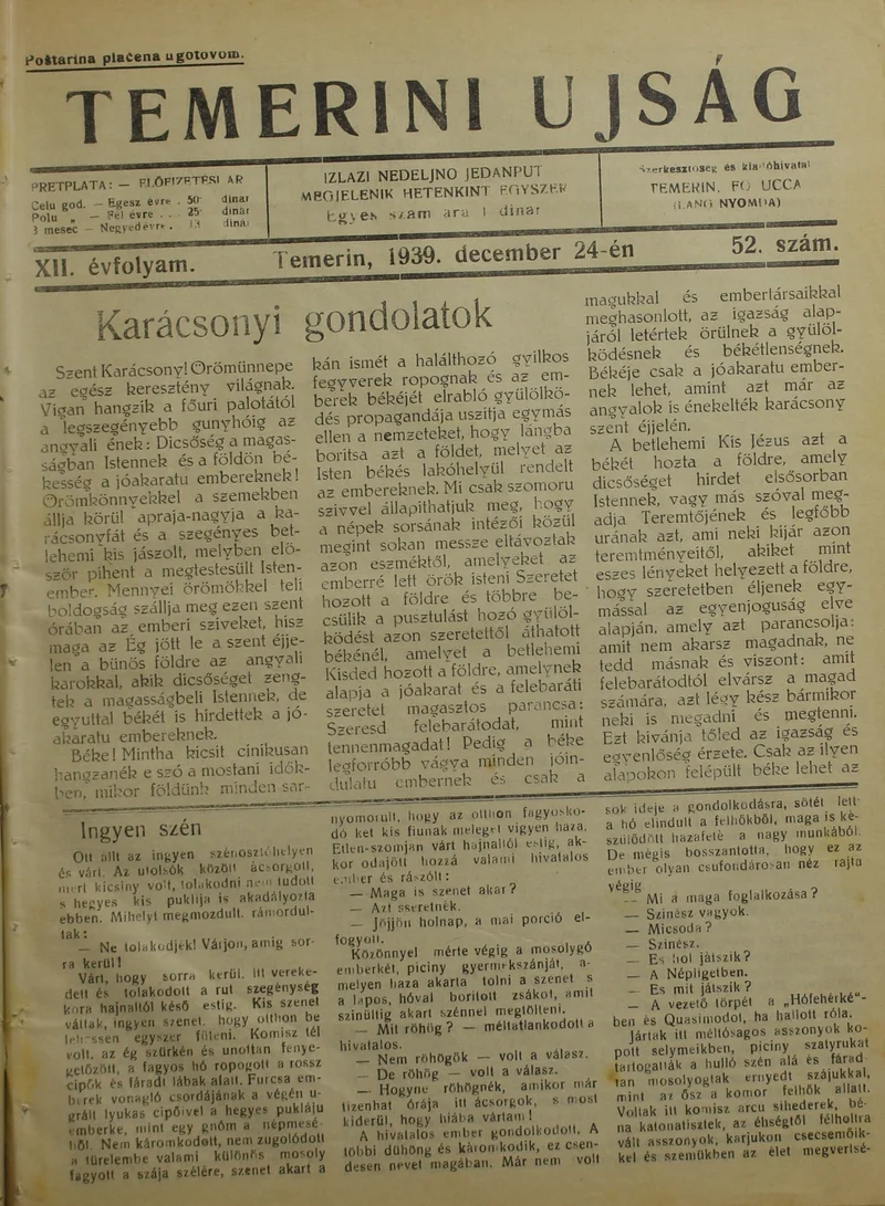 Temerini Újság 1928-1944, 12. évf. 1939. december 24. 52. sz.