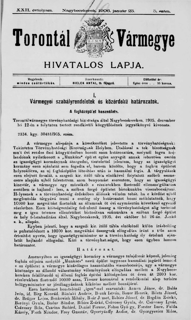 Torontál Vármegye Hivatalos Lapja, 22. évf. 1906. január 25. 5. sz.