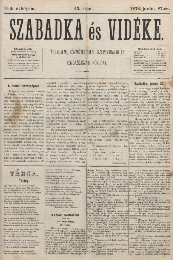 Szabadka és vidéke, 2. évf. 1878. június 27. 43. sz.