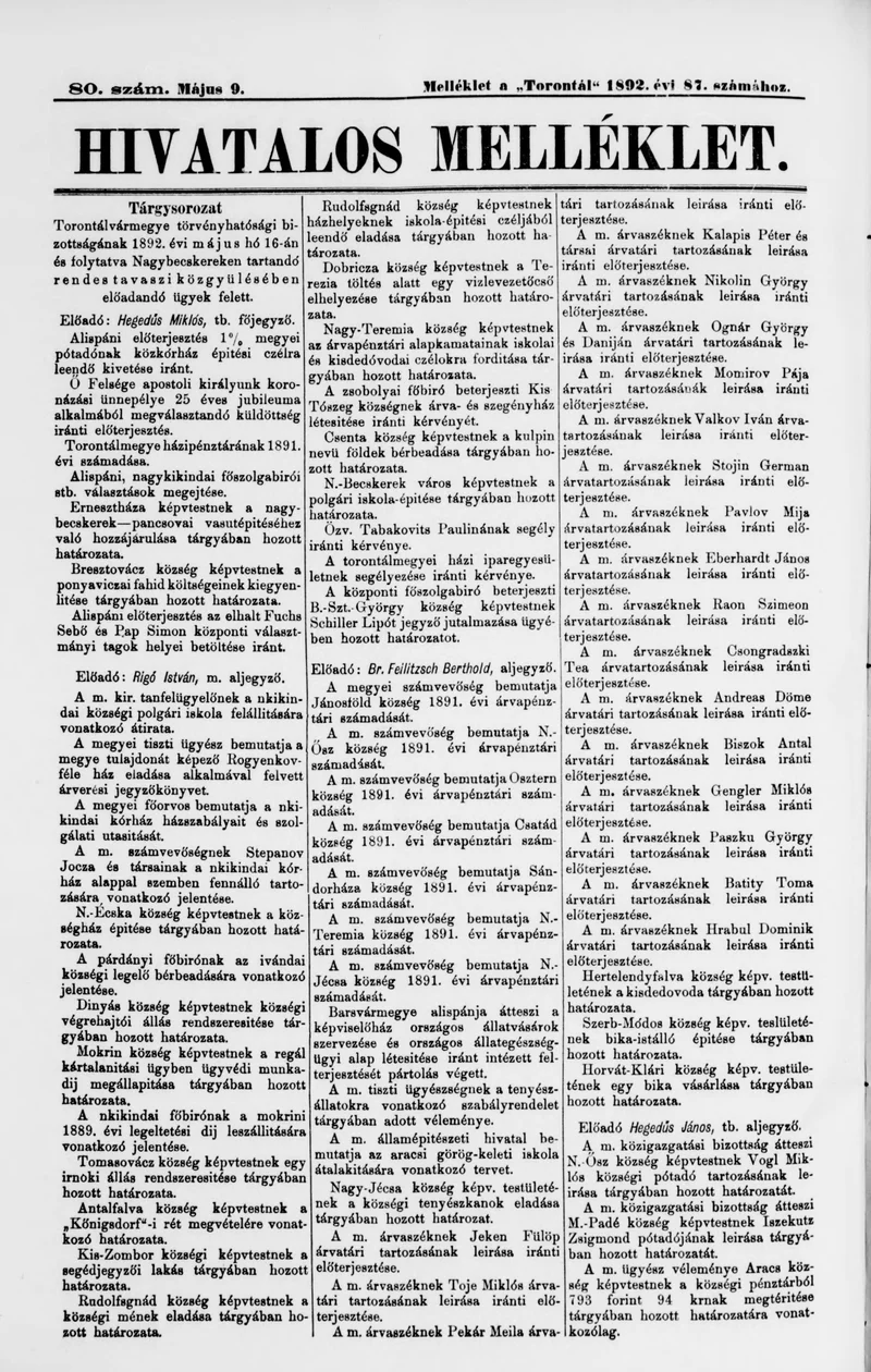A Totontál  hivatalos melléklete, 5. évf. 1892. május 9. 80. sz.