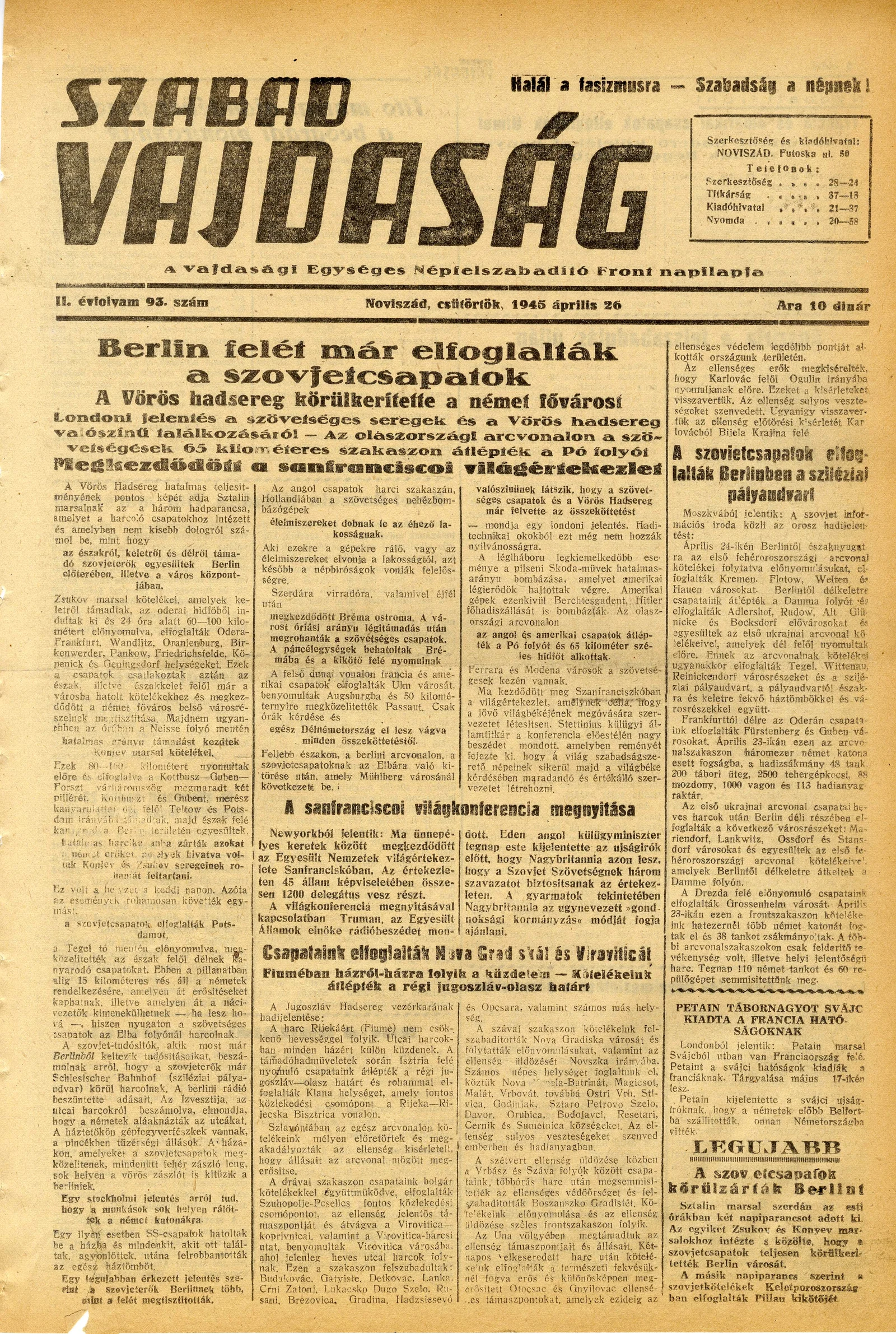 Szabad Vajdaság, 2. évf. 1945. április 26. 93. sz.