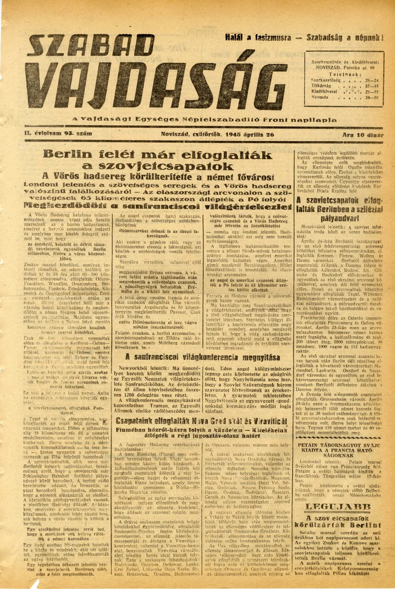 Szabad Vajdaság, 2. évf. 1945. április 26. 93. sz.