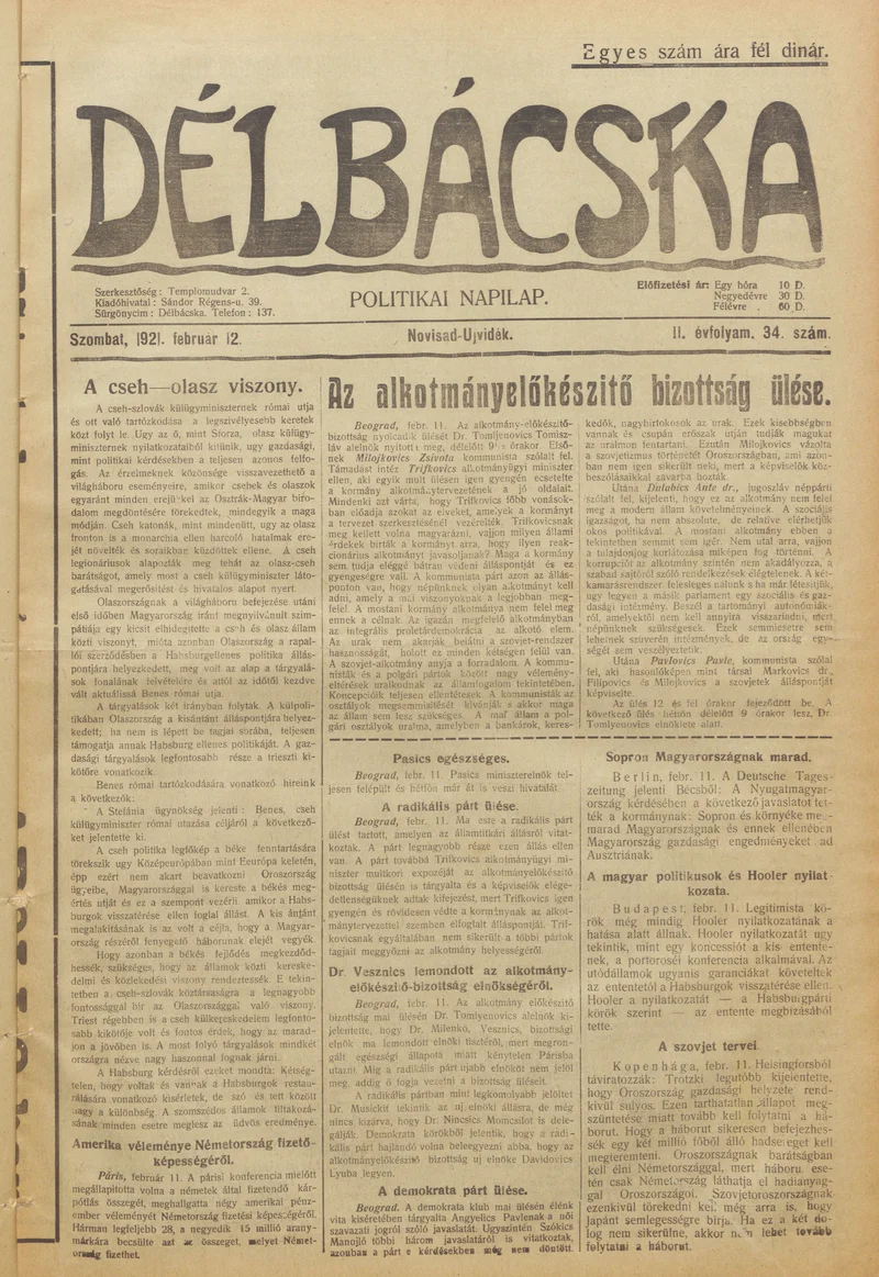 Délbácska, 2. évf. 1921. február 12. 34. sz.