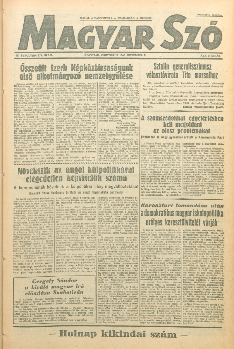 Magyar Szó, 3. évf. 1946. november 21. 277. sz. 1–6. oldal