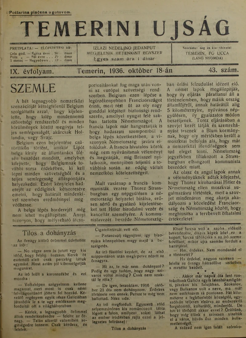 Temerini Újság 1928-1944, 9. évf. 1936. október 18. 43. sz.
