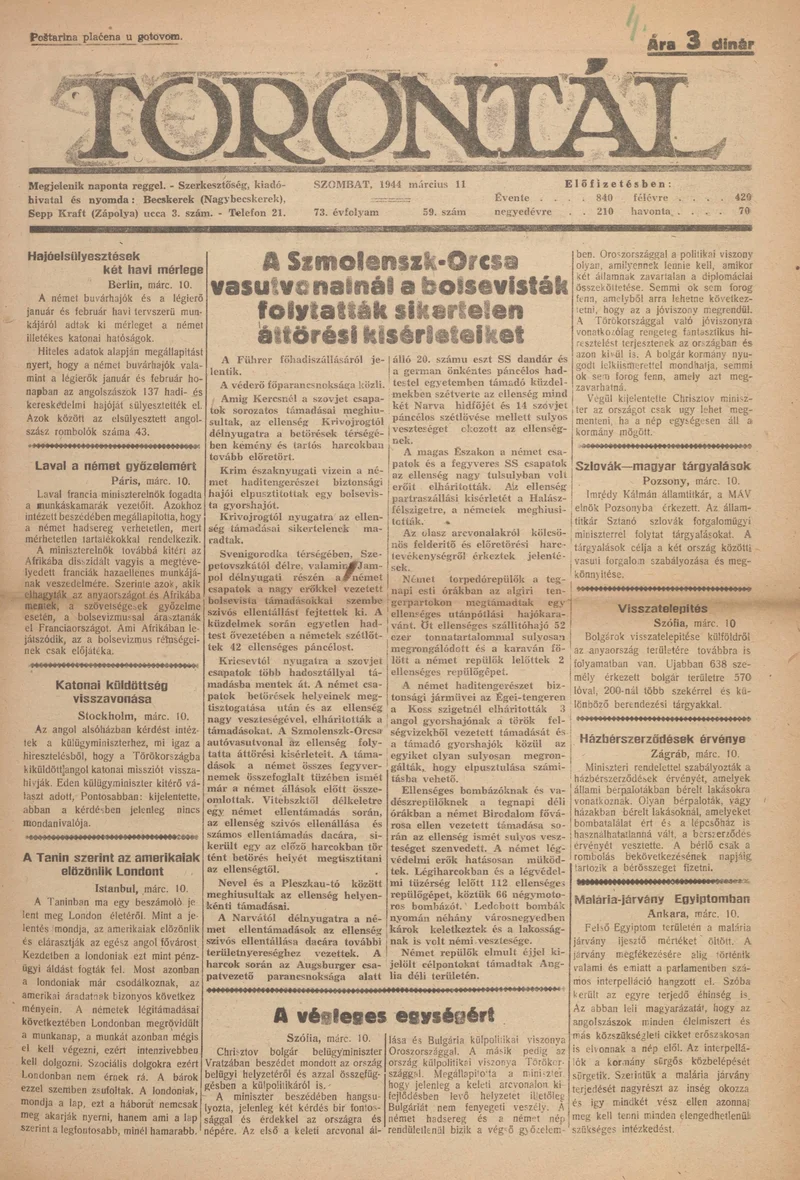 Torontál, 73. évf. 1944. március 11. 59. sz.