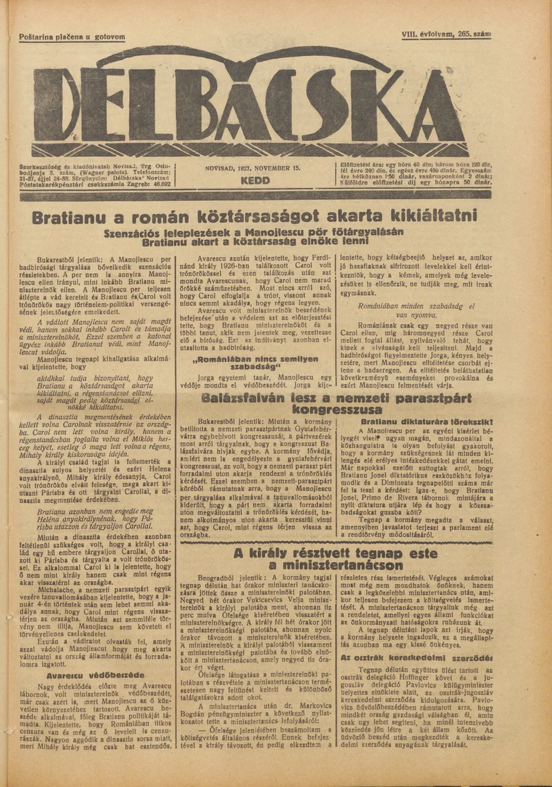 Délbácska, 8. évf. 1927. november 15. 265. sz.