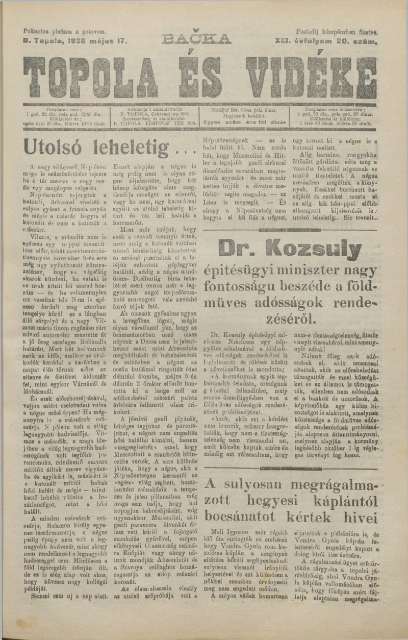 Bačka Topola és Vidéke, 13. évf. 1936. május 17. 20. sz.