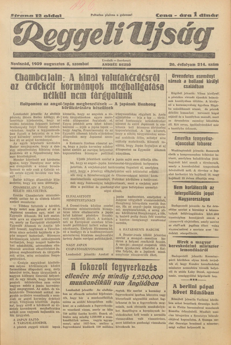 Reggeli Újság, 20. évf. 1939. augusztus 5. 214. sz.