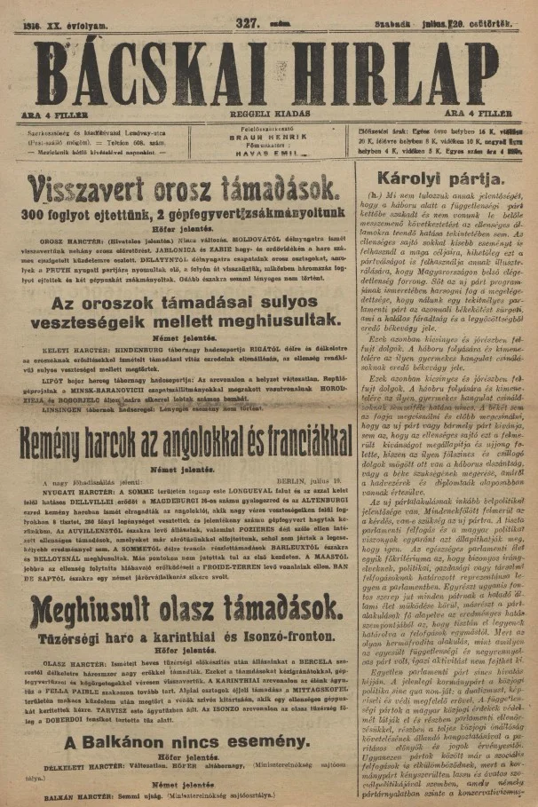Bácskai Hirlap, 20. évf. 1916. július 20. 327. sz.