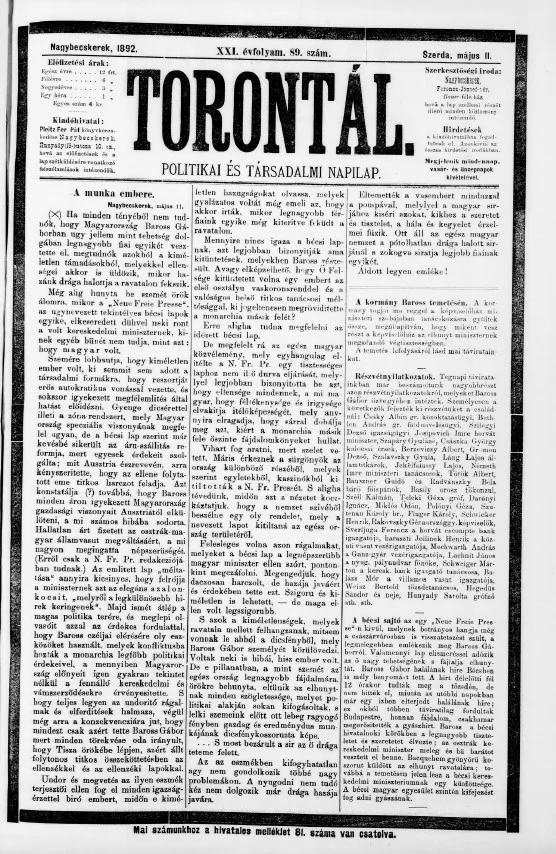 Torontál, 21. évf. 1892. május 11. 89. sz.