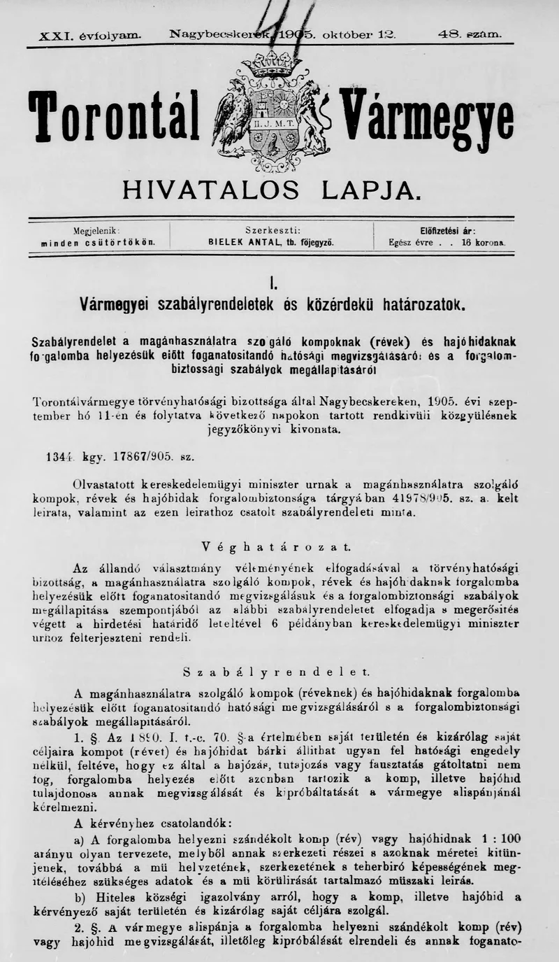 Torontál Vármegye Hivatalos Lapja, 21. évf. 1905. október 12. 48. sz.