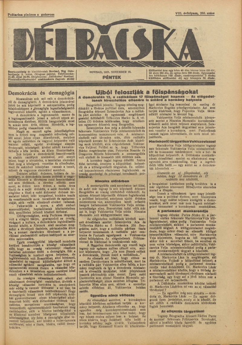 Délbácska, 8. évf. 1927. november 18. 268. sz.