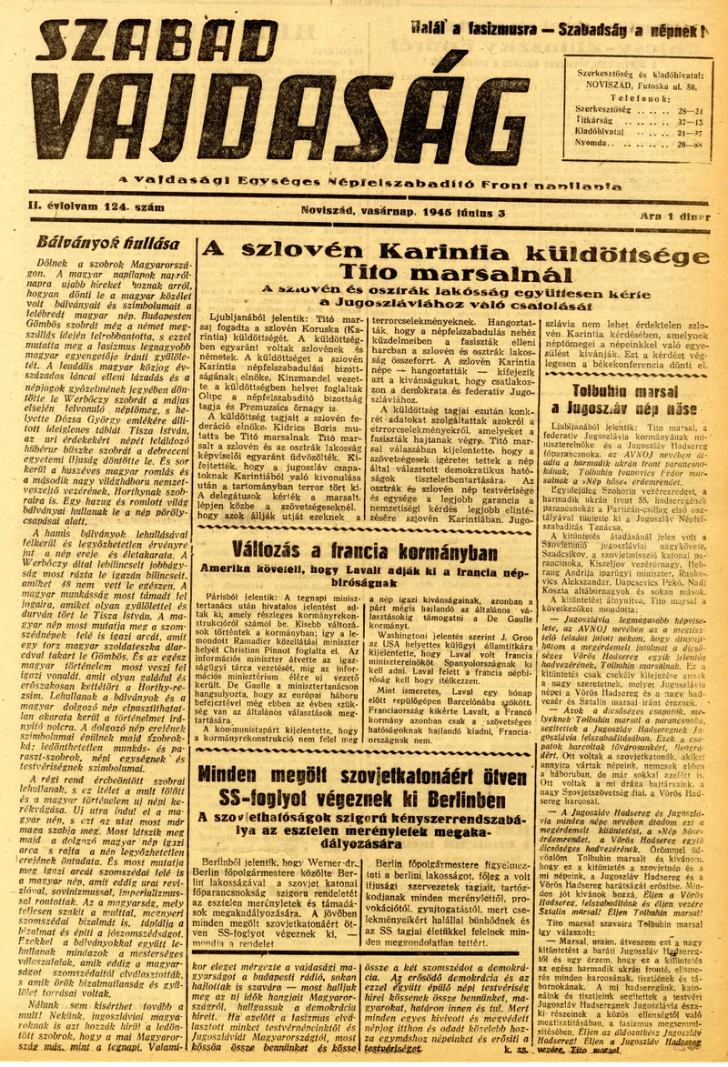 Szabad Vajdaság, 2. évf. 1945. június 3. 124. sz.