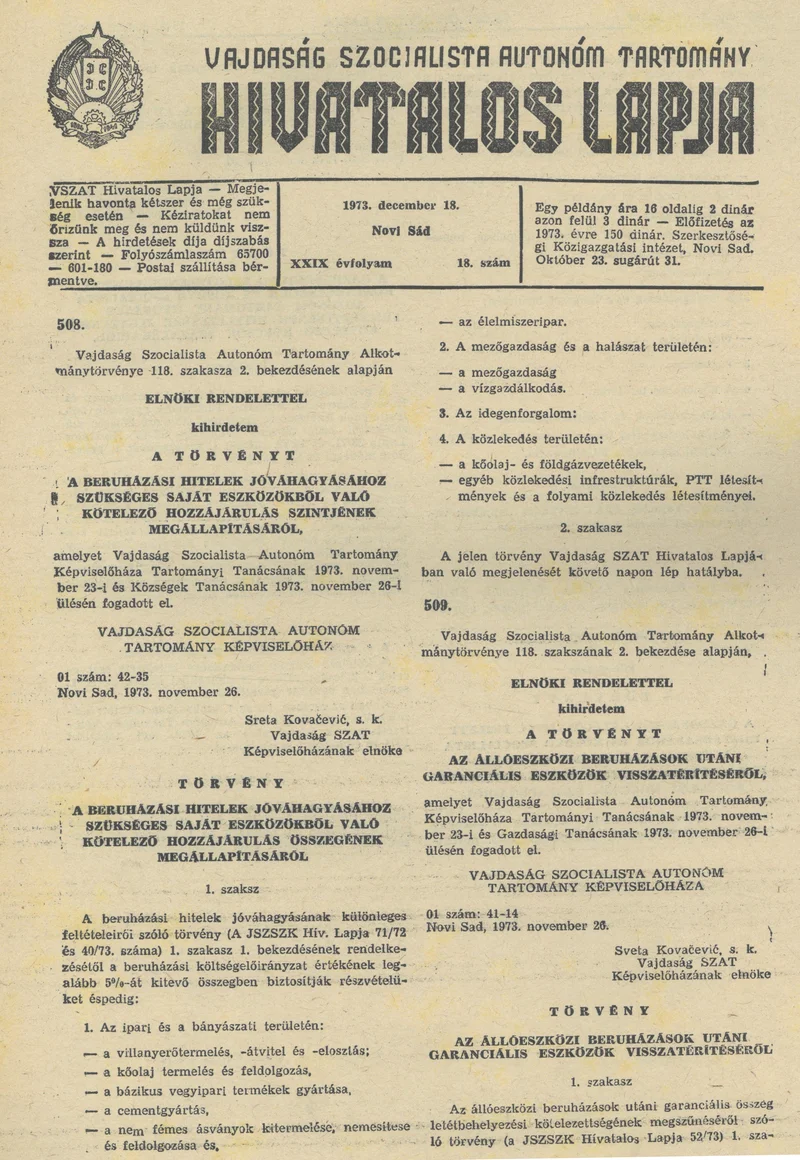 Vajdaság Szocialista Autonóm Tartomány Hivatalos Lapja, 29. évf. 1973. december 18. 18. sz. 517–520. oldal
