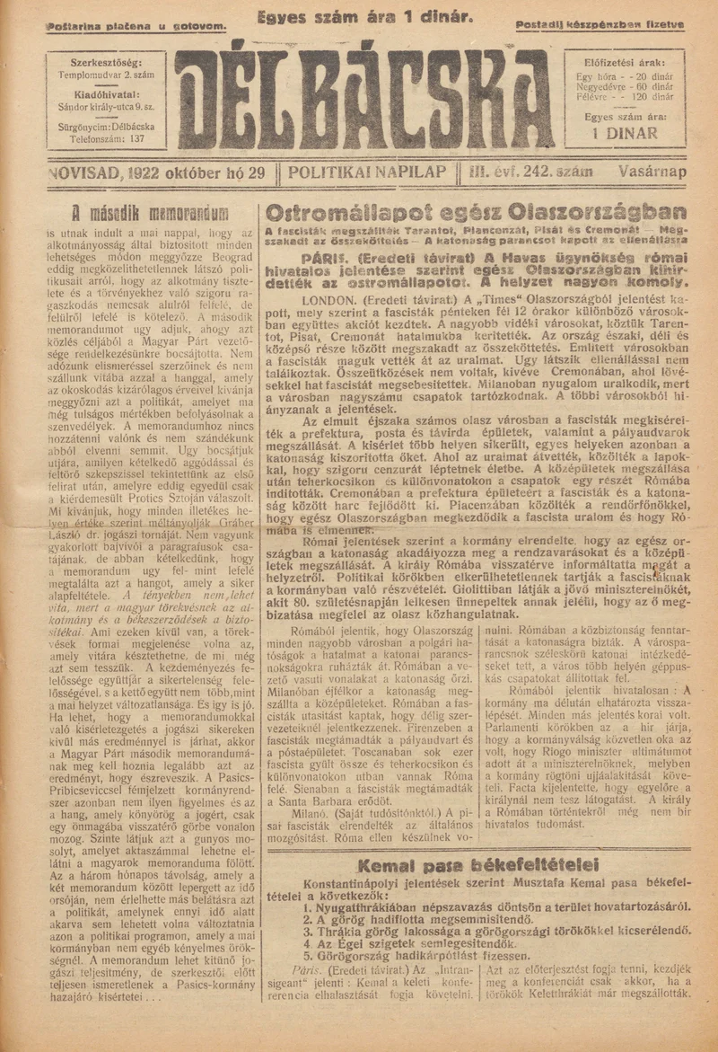 Délbácska, 3. évf. 1922. október 29. 242. sz.