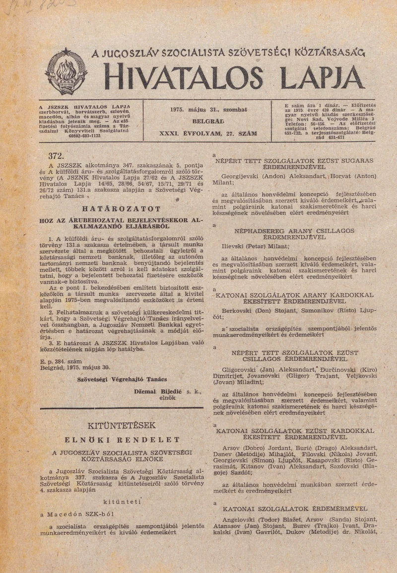 A Jugoszláv Szocialista Szövetségi Köztársaság Hivatalos Lapja, 31. évf. 1975. május 31. 27. sz. 845–848. oldal