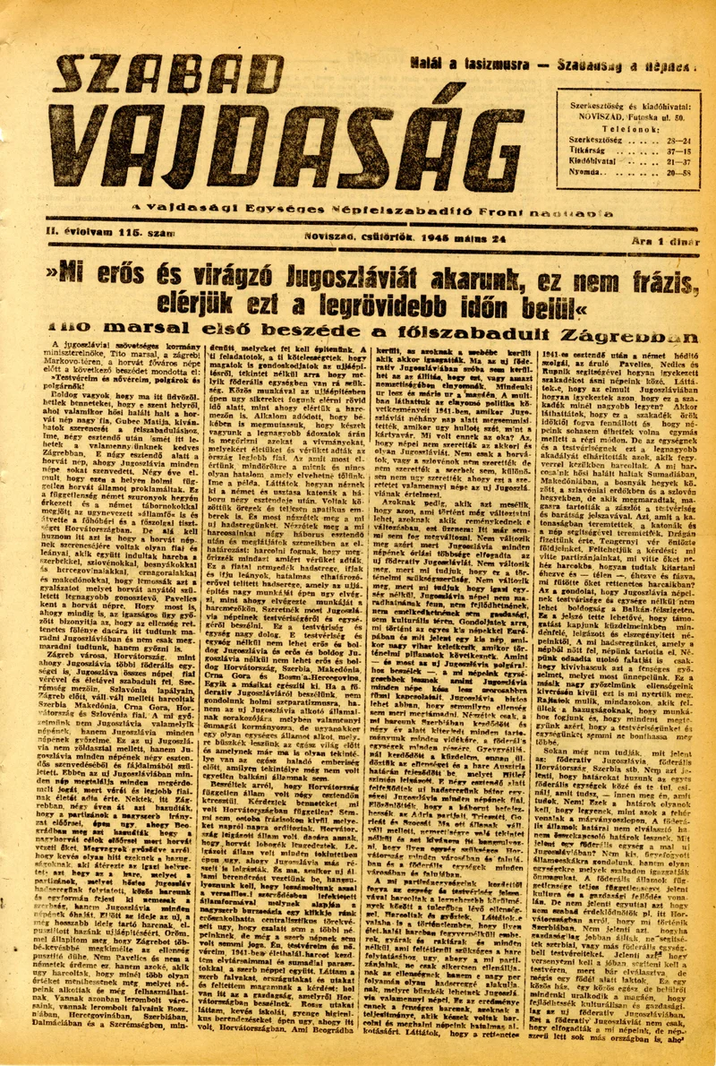 Szabad Vajdaság, 2. évf. 1945. május 24. 115. sz.