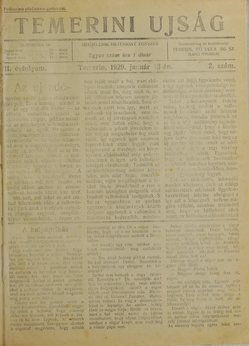 Temerini Újság 1928-1944, 2. évf. 1929. január 13. 2. sz.