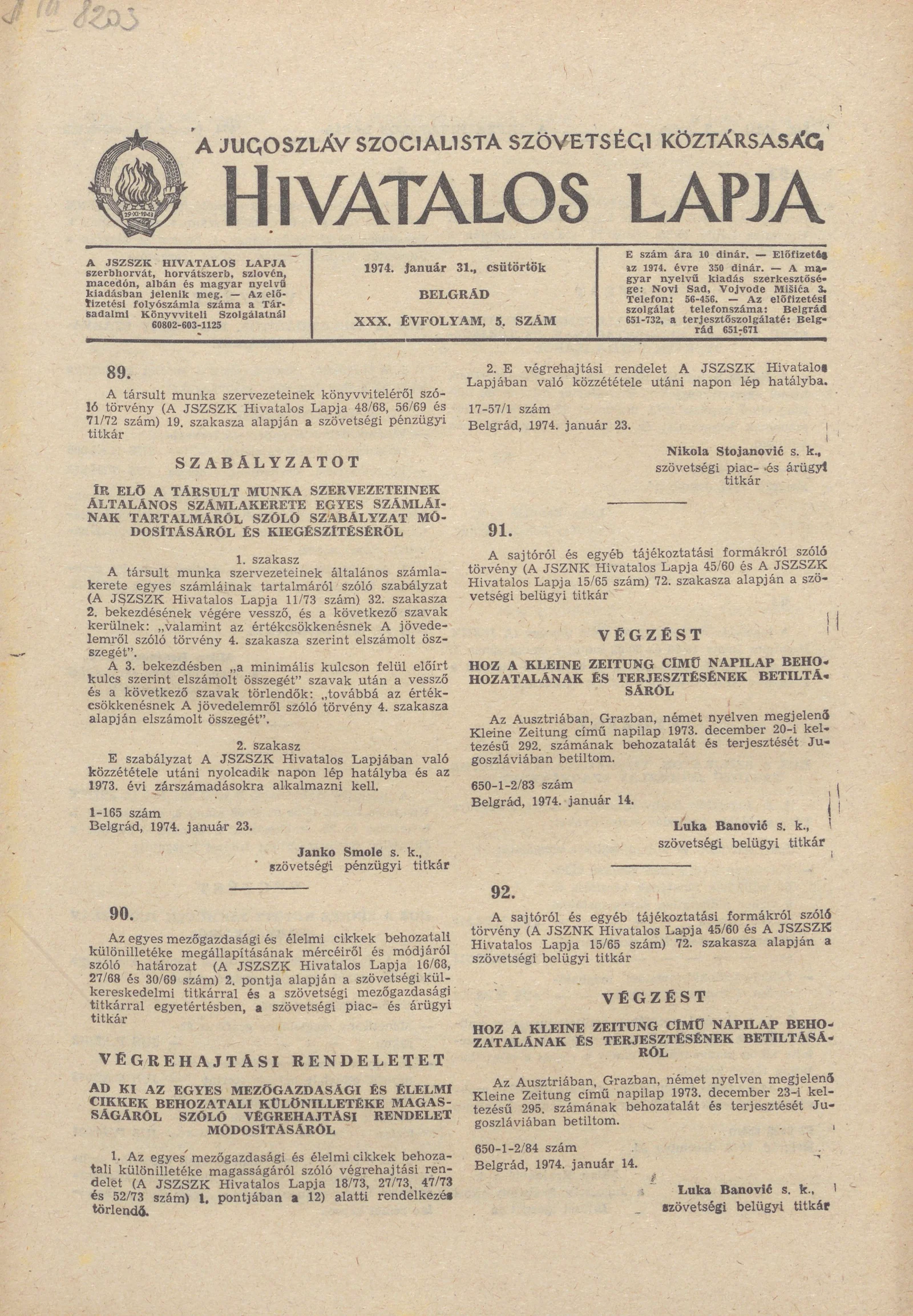 A Jugoszláv Szocialista Szövetségi Köztársaság Hivatalos Lapja, 30. évf. 1974. január 31. 5. sz. 145–160. oldal
