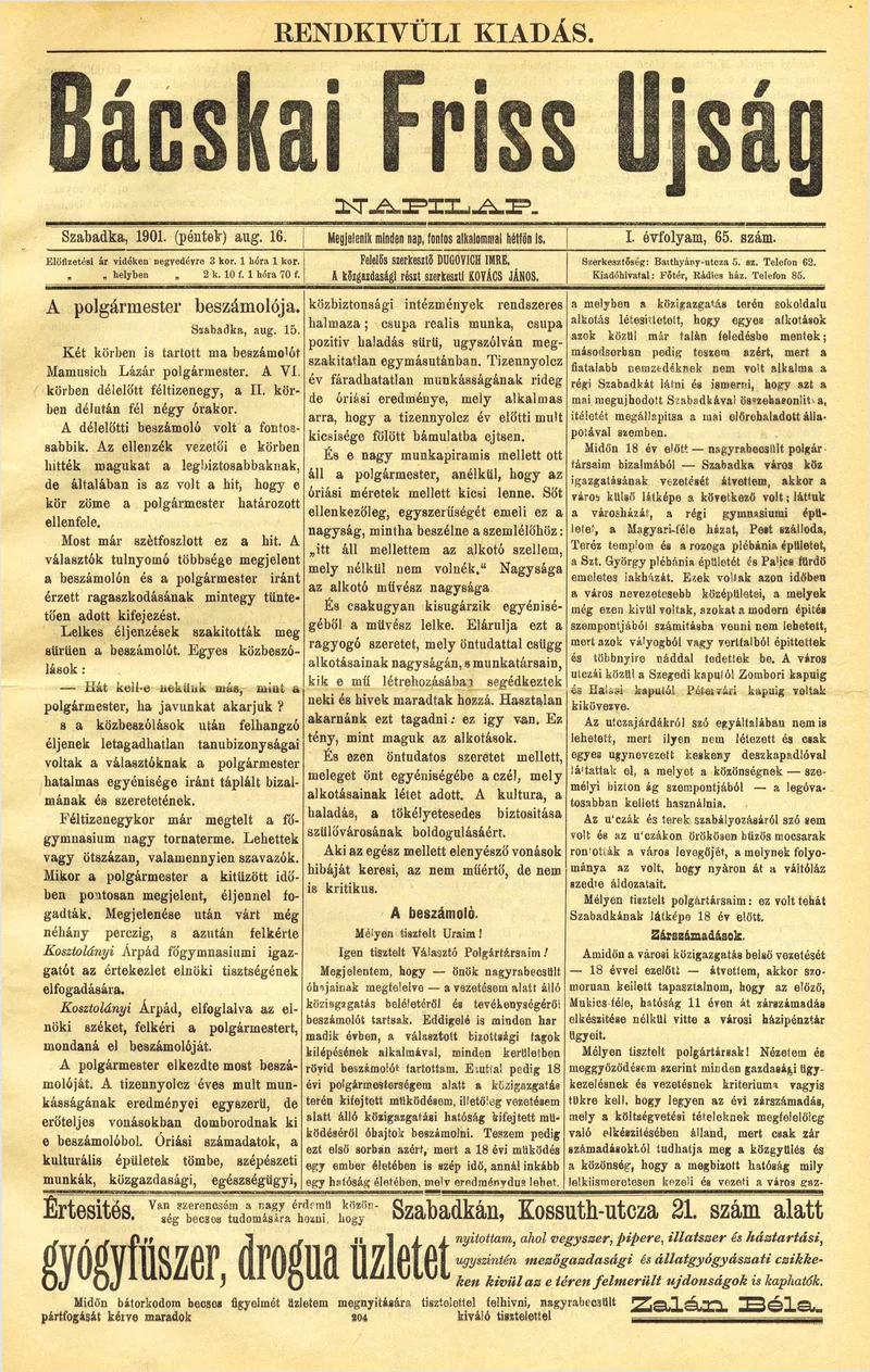 Bácskai Friss Ujság, 1. évf. 1901. augusztus 16. 65. sz.