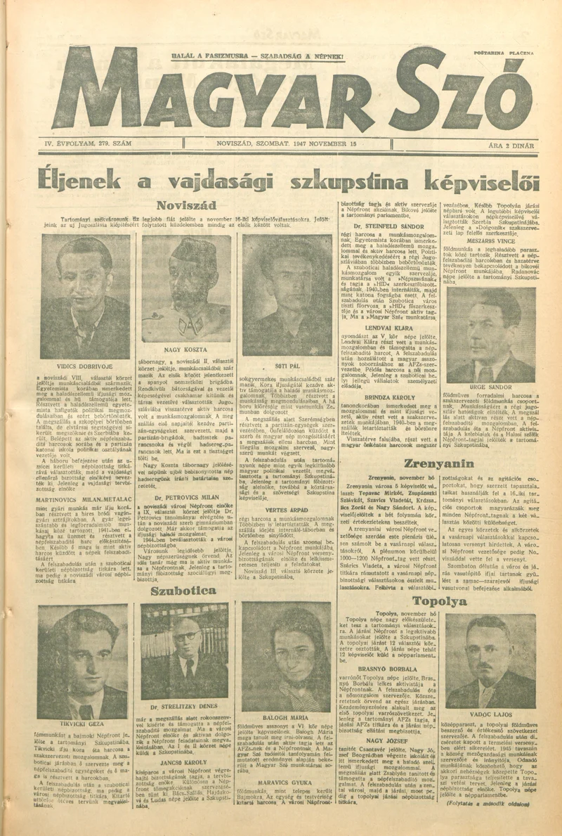 Magyar Szó, 4. évf. 1947. november 15. 279. sz. 1–6. oldal