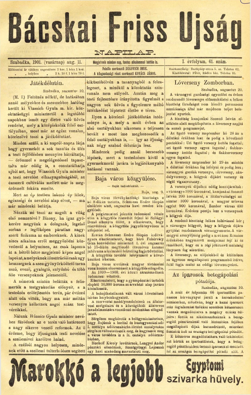 Bácskai Friss Ujság, 1. évf. 1901. augusztus 11. 61. sz.