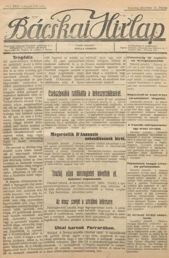 Bácskai Hirlap, 24. évf. 1920. december 31. 233. sz.