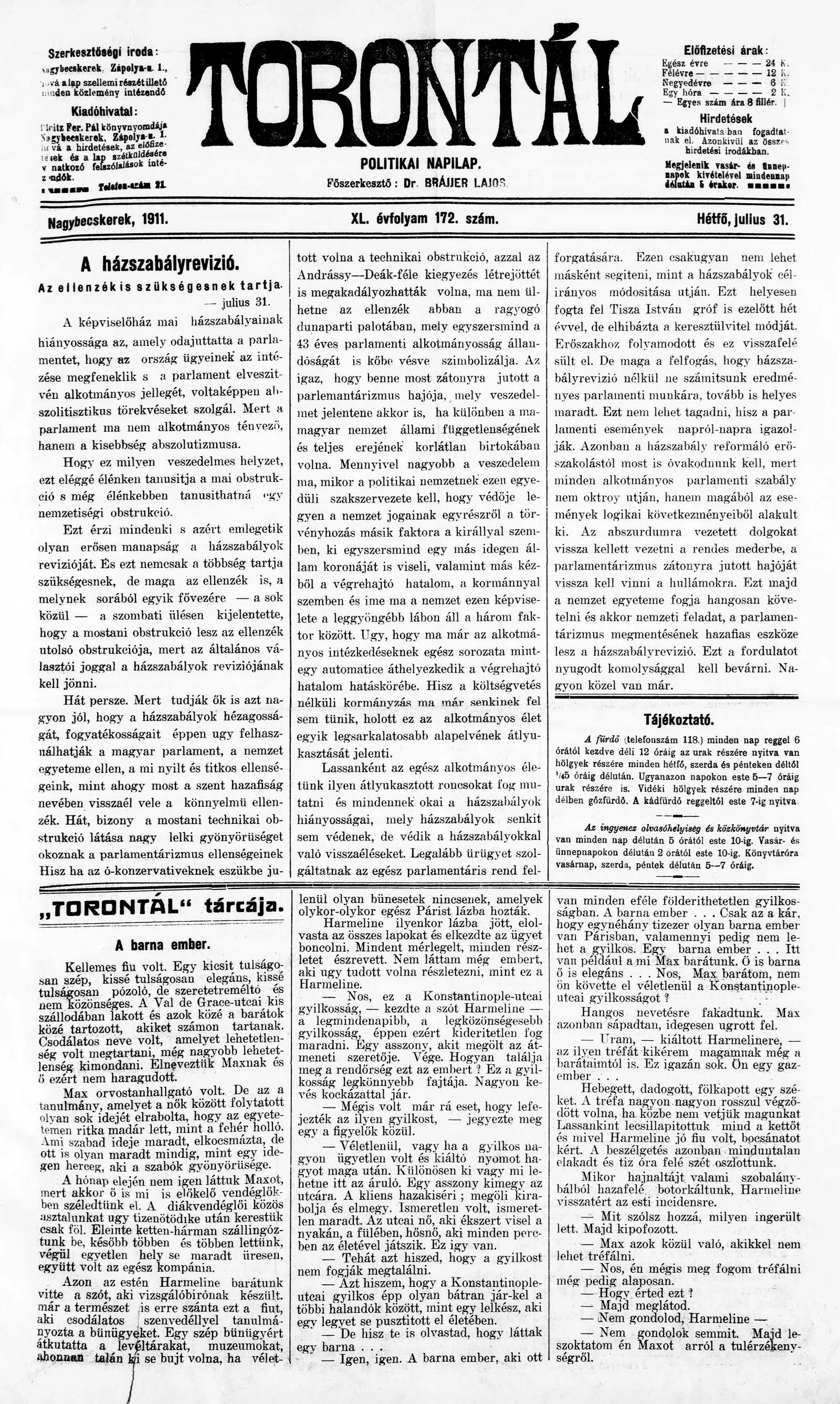 Torontál, 40. évf. 1911. július 31. 172. sz.