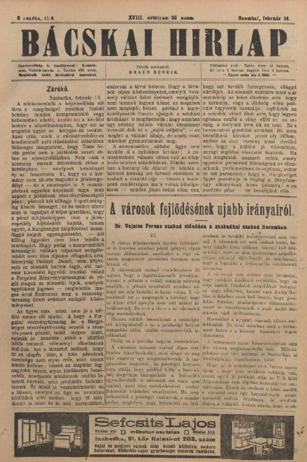 Bácskai Hirlap, 18. évf. 1914. február 14. 36. sz.