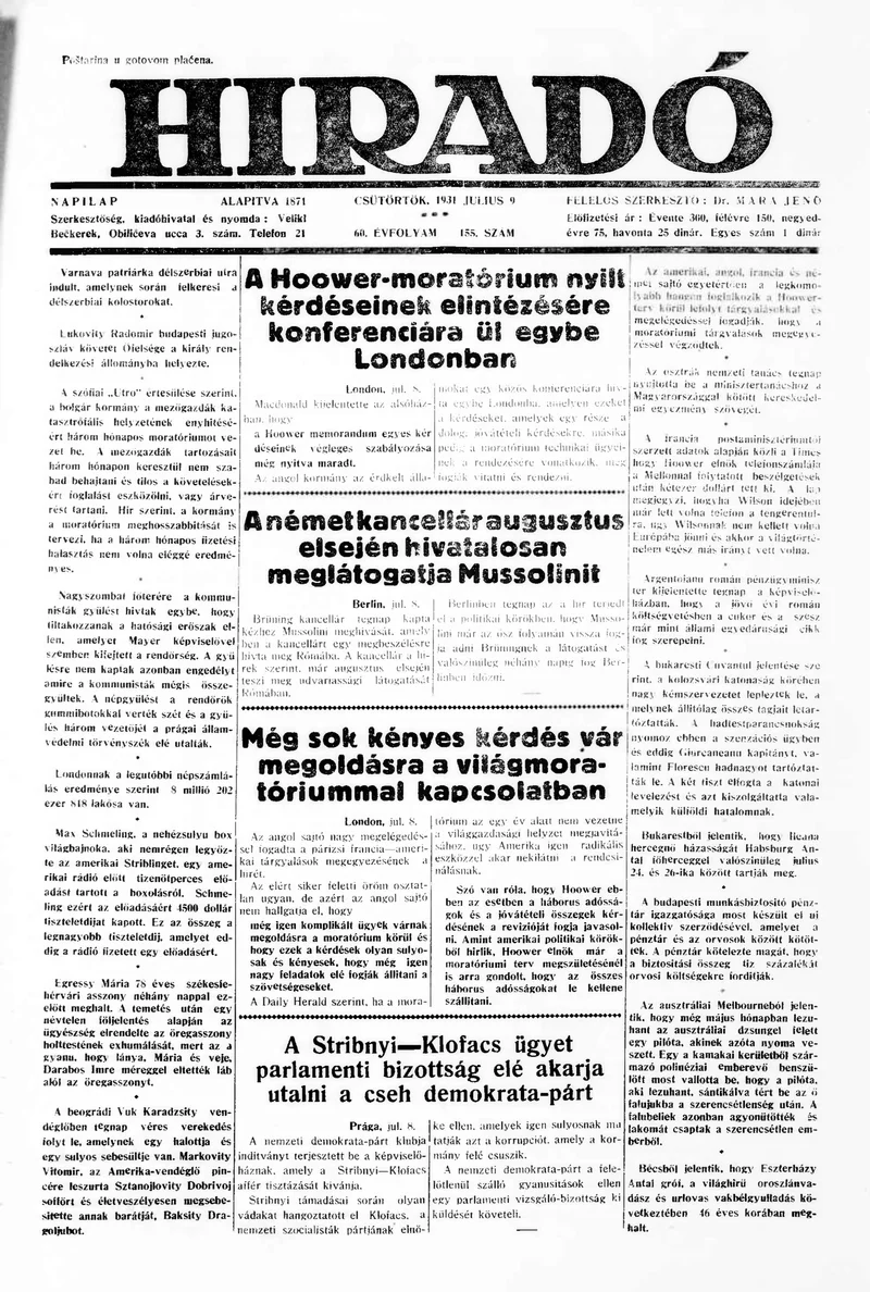 Híradó, 60. évf. 1931. július 9. 155. sz.