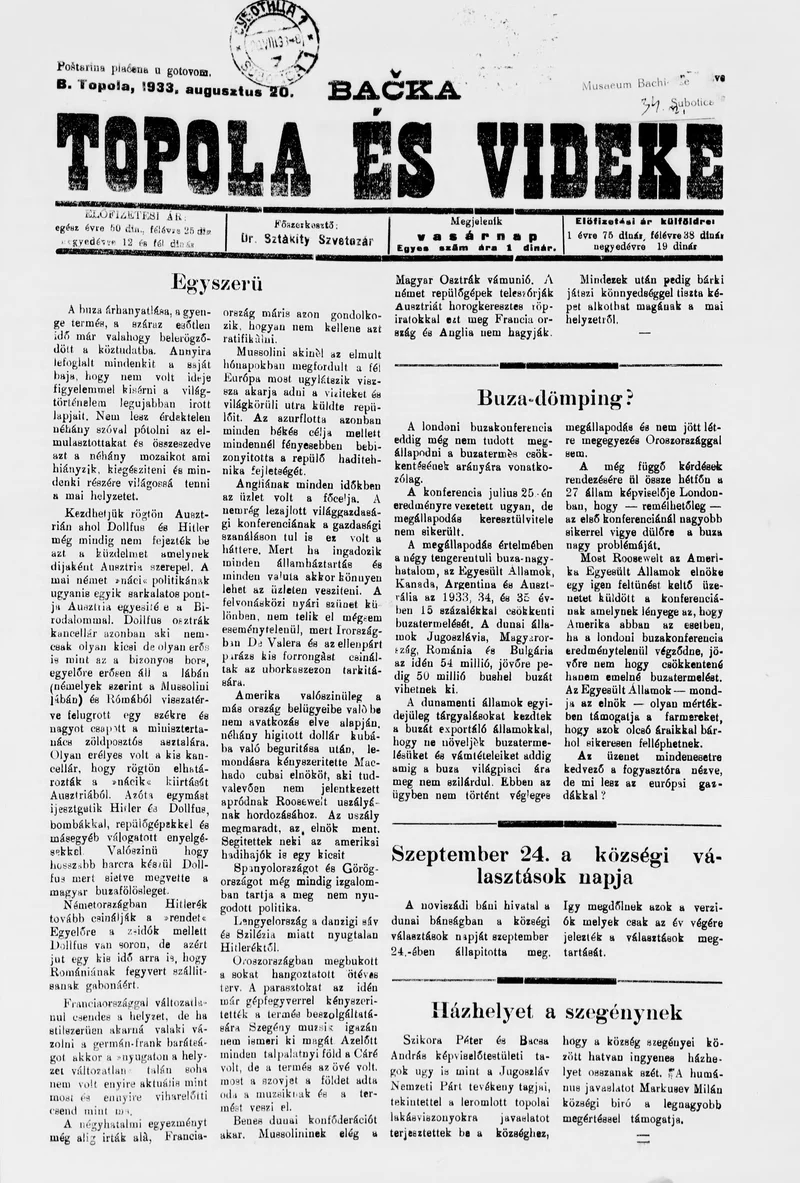 Bačka Topola és Vidéke, 10. évf. 1933. augusztus 20. 34. sz.