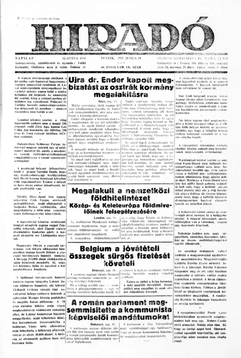 Híradó, 60. évf. 1931. június 19. 138. sz.